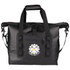 A black roll-top cooler with multiple handles and a front pocket, featuring a logo.