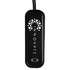 A black charging cable with a compact design and a logo. It features multiple charging options for devices.