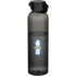 A drink bottle made from recycled plastic, featuring a sleek, matte grey design and a black screw-top lid.