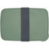 A green lunch box with a grey elastic strap, featuring a sleek, rectangular design and a minimalist style.