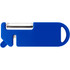A blue multi-purpose kitchen tool featuring a peeler blade and a ergonomic design with a handle. It has a logo.
