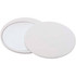 A round white makeup mirror with a reflective surface, featuring a sleek design and a branded logo.