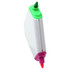 A triangular highlighter in green, pink, and orange, with a white body and a branding logo.