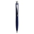 A navy ballpoint pen with a sleek design and a silver clip, featuring a logo.