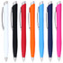 A collection of Odin Click Action Ballpoint Pens in white, black, red, orange, blue, navy, and pink, each with a logo.