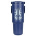 A drink bottle with a navy exterior, featuring a logo and decorative design.