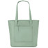 A mint green tote bag with two shoulder straps and a front pocket. Features a logo.
