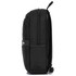A black backpack with a sleek design, featuring side pockets and a zippered main compartment. It has a branding logo.