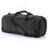 A grey duffle bag with multiple zippered pockets and a removable shoulder strap. It features a logo.