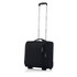 A black wheeled underseater suitcase with a retractable handle and a logo.