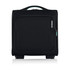 A black underseat travel bag with wheels and a handle, featuring a front pocket and a logo.