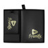 A black travel gift set featuring a luggage tag and a wallet, both with a logo. The items are organised within a sleek case.
