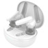 A pair of white earbuds with grey accents stored in a white charging case. The case has a logo on it.