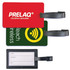 A set of colorful luggage tags in red and green, featuring a logo and customizable information fields.