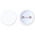 A 32mm button badge with a plain white front and a silver pin backing for attachment.