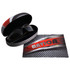 A black and red hard sunglasses case with a lens cloth beside it, containing a pair of dark sunglasses.