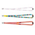 A set of four lanyards featuring vibrant colors and various patterns, each with a clip for attaching items.