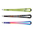 Three lanyards in various designs: a green lanyard with text, a black lanyard featuring a celestial theme, and a multicolored gradient lanyard.