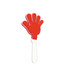 A red hand-shaped clapper with a white handle, suitable for novelty fun and games.