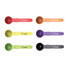 A set of six measuring spoons in red, orange, yellow, green, purple, and black, with a logo on the handle.