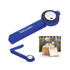 A blue bag clip with a built-in timer, featuring a circular dial and a flat clip design.