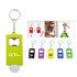 A drink bottle opener in vibrant colours, featuring a keychain attachment and a logo on its surface.