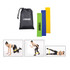 Three resistance bands in green, blue, and yellow, accompanied by a black drawstring bag featuring a logo.