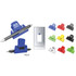 A multifunctional clip in blue with a pen, alongside various coloured clips including red, green, yellow, black, and white.