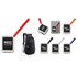 A USB hub with various coloured straps, featuring a logo on a white body. A black backpack is also included in the image.