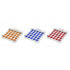 Three trays of the Pop Push Bubble product in orange, blue, and red, each featuring multiple push bubbles. Each tray has a logo.