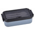 A blue lunch box with 304 stainless steel utensils inside, featuring a transparent lid and black accents.