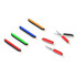 A collection of scissors and knife tools in red, green, blue, orange, and black, featuring a logo.
