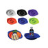 A set of colourful trays in white, black, red, blue, purple, and green, with one tray holding food and a drink bottle.
