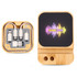 A wireless charger set in bamboo, featuring a compartment for cables and a colorful light display on top.