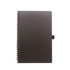 A5 recycled notebook in dark brown, featuring spiral binding and an elastic band closure. Includes branding.