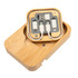 A bamboo product holder containing an eco-friendly charger set with various connection types.