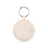 A circular eco-friendly keychain in pale colours, featuring a textured surface and a metal keyring attached.