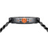 A black smart watch with an orange button, featuring two side buttons and a textured strap.