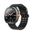 A black smartwatch with a round face, featuring orange accents and a perforated strap, showcasing a digital display.