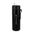 A drink bottle in matte black, featuring a logo and a flip-top lid with a straw.