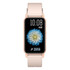 A slim smart watch in gold and beige, featuring a floral design on the display and a logo on the side.