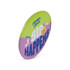 A drink bottle opener in a round shape, featuring green and pink colours and a logo.