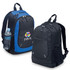 A blue and black backpack with a side pocket holding a drink bottle and featuring a logo on the front.