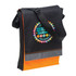 A black and orange satchel with an adjustable strap and a logo on the front.