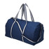 A navy canvas duffle bag with contrasting white handles and stripes, featuring a zip closure and a shoulder strap.