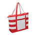 A red and white tote bag with a zip closure and outer pocket, featuring sturdy straps and a logo.