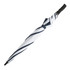A striped umbrella in white and navy, featuring a black handle. It has a logo on the handle.