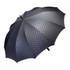 A black umbrella with a checkered pattern and a sleek design. It features a handle and a branded logo.