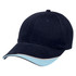 A navy cap with a light blue brim and trim, featuring a logo on the front.