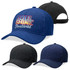 Acrylic caps in black and navy, featuring a logo on the front. The navy cap has a solid design, while the black cap is partially open at the back.